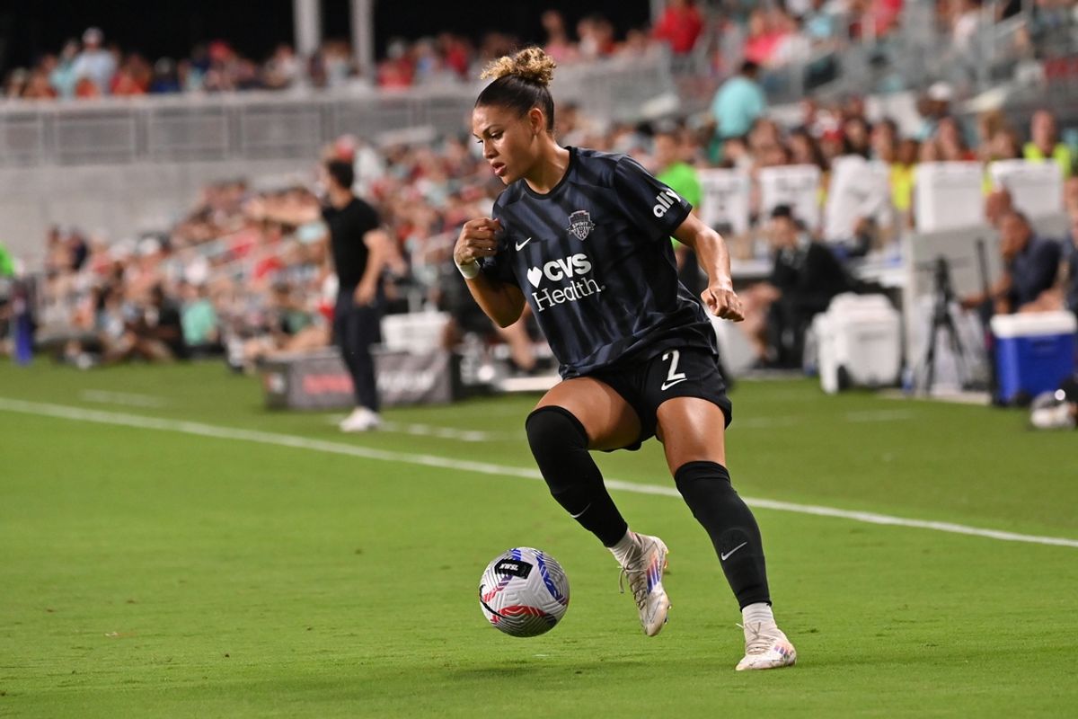 Sep 20, 2024; Kansas City, Missouri, USA; Washington Spirit forward Trinity Rodman (2) controls the ball during the first half against the Kansas City Current at CPKC Stadium. Mandatory Credit: Peter Aiken-Imagn Images