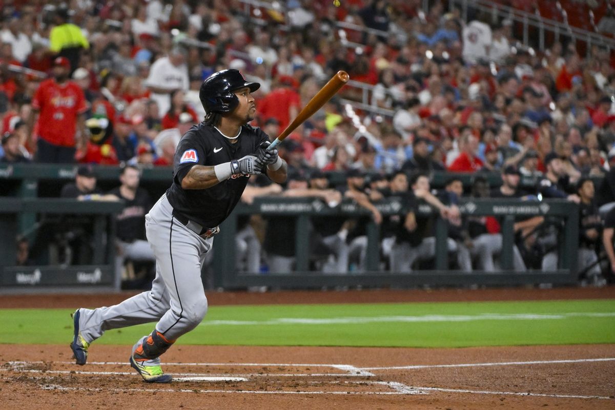 Sep 20, 2024; St. Louis, Missouri, USA; Cleveland Guardians third baseman Jose Ramirez (11) hits a one run single against the St. Louis Cardinals during the third inning at Busch Stadium. at Busch Stadium. Mandatory Credit: Jeff Curry-Imagn Images