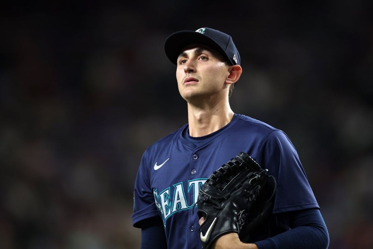 Sep 20, 2024; Arlington, Texas, USA; Seattle Mariners pitcher George Kirby (68) walks off the field after the second inning against the Texas Rangers at Globe Life Field. Mandatory Credit: Tim Heitman-Imagn Images