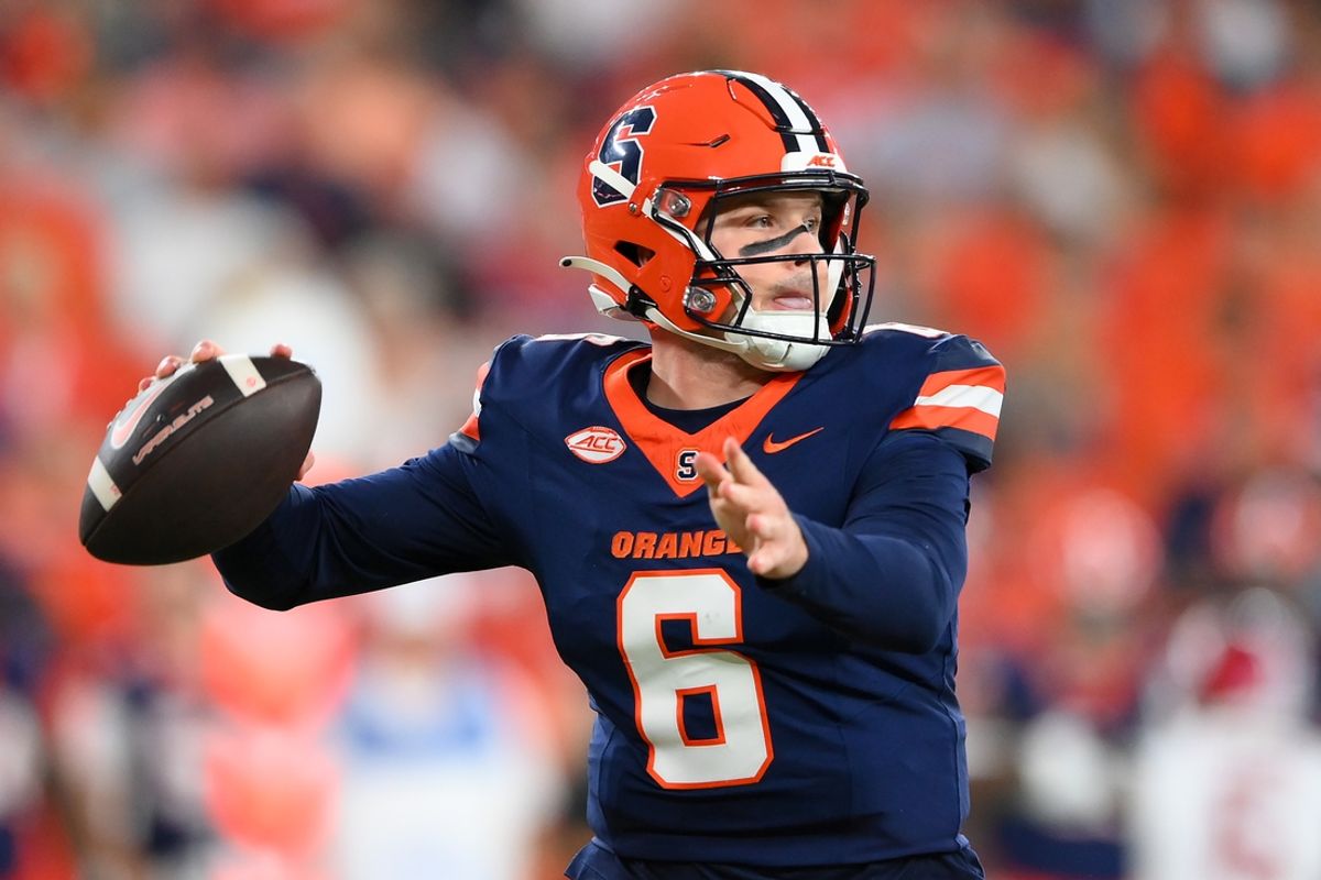 Sep 20, 2024; Syracuse, New York, USA; Syracuse Orange quarterback Kyle McCord (6) passes against the Stanford Cardinal during the first half at the JMA Wireless Dome. Mandatory Credit: Rich Barnes-Imagn Images