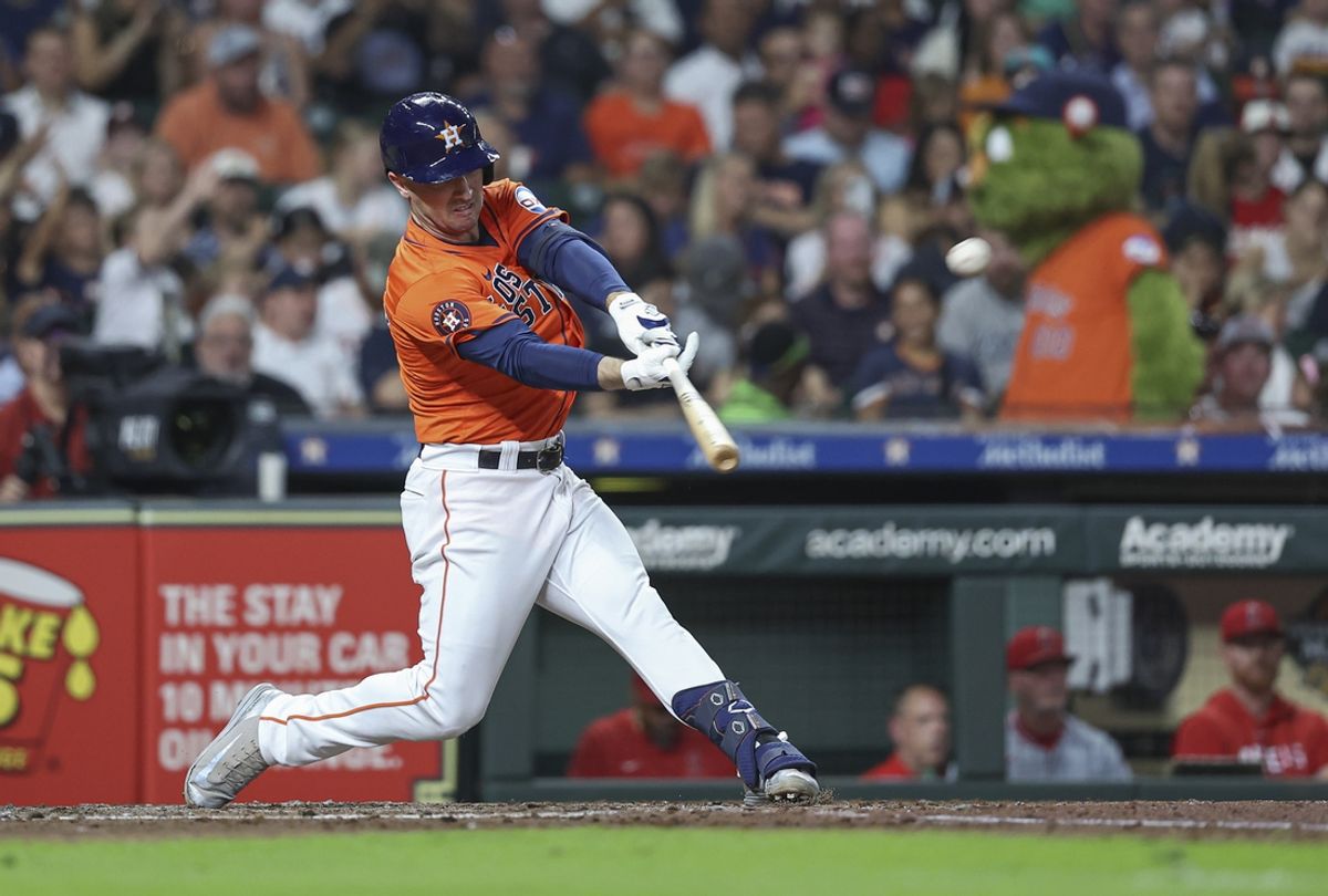 Sep 20, 2024; Houston, Texas, USA; Houston Astros third baseman Alex Bregman (2) hits a home run during the third inning against the Los Angeles Angels at Minute Maid Park. Mandatory Credit: Troy Taormina-Imagn Images