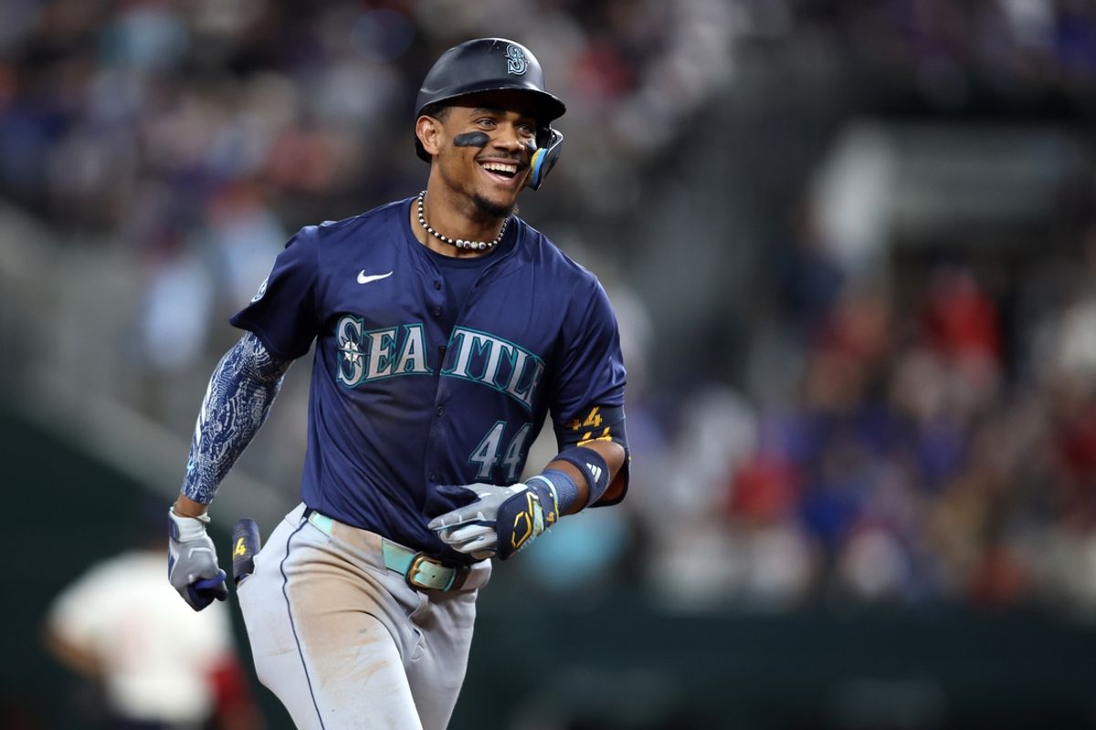 Sep 20, 2024; Arlington, Texas, USA; Seattle Mariners center fielder Julio Rodriguez (44) reacts after hitting a three-run home run against the Texas Rangers in the fifth inning at Globe Life Field. Mandatory Credit: Tim Heitman-Imagn Images