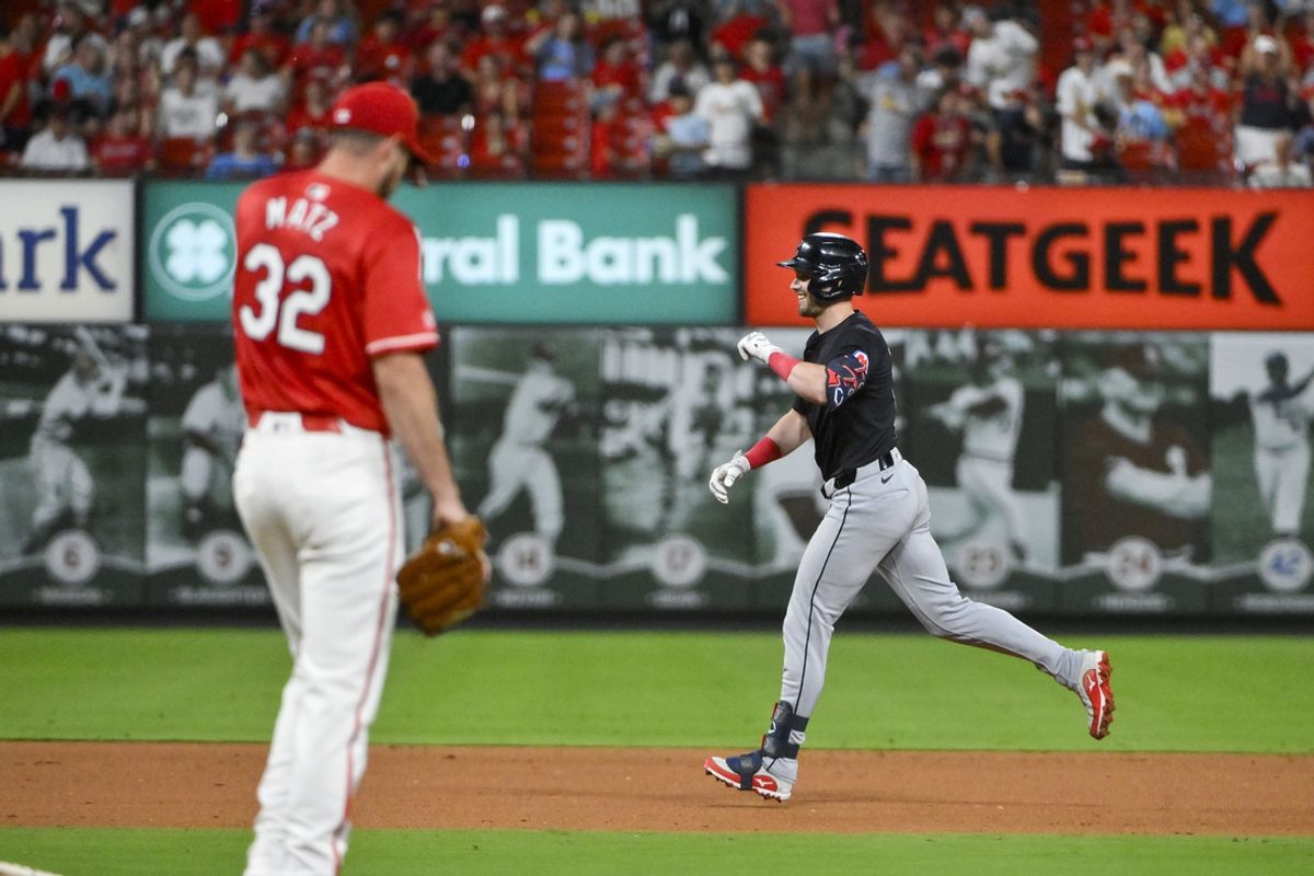 Sep 20, 2024; St. Louis, Missouri, USA;  Cleveland Guardians center fielder Lane Thomas (8) runs the bases after hitting a solo home run off of St. Louis Cardinals relief pitcher Steven Matz (32) during the eighth inning at Busch Stadium. Mandatory Credit: Jeff Curry-Imagn Images