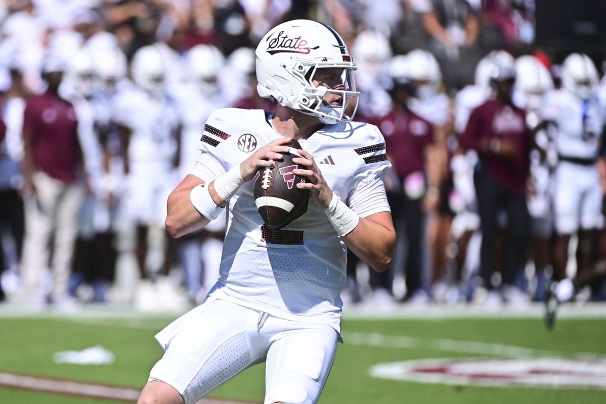 Sep 21, 2024; Starkville, Mississippi, USA;  Mississippi State Bulldogs quarterback Blake Shapen (2) drops back to pass against the Florida Gators during the first quarter at Davis Wade Stadium at Scott Field. Mandatory Credit: Matt Bush-Imagn Images