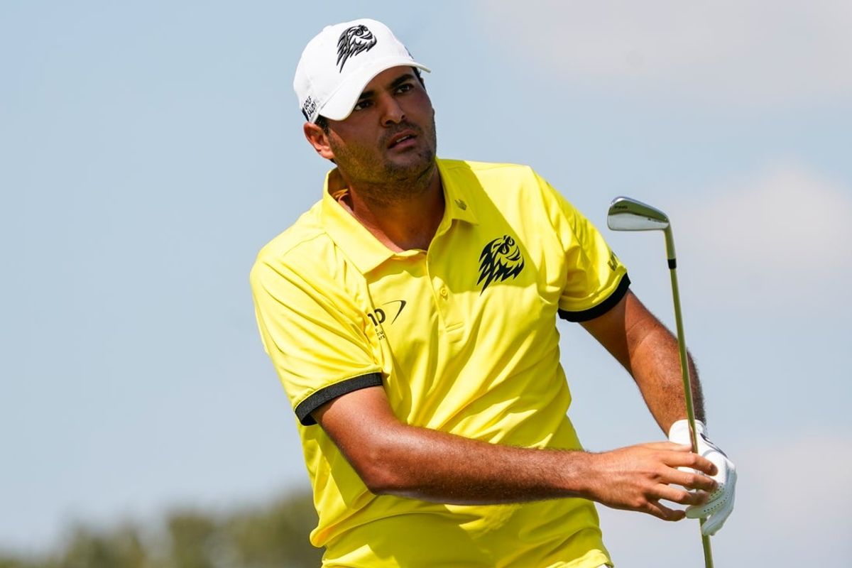 Sep 21, 2024; Carrolton, Texas, USA; Eugenio Chacarra of the Fireball GC watches his shot from the 16th tee during the LIV Golf Dallas Team Championship Semifinals at Maridoe Golf Club. Mandatory Credit: Raymond Carlin III-Imagn Images
