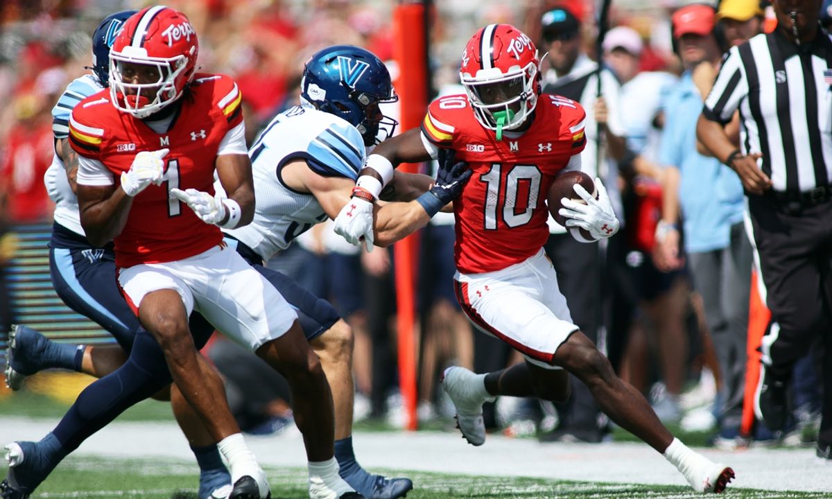 Sep 21, 2024; College Park, Maryland, USA; Maryland Terrapins wide receiver Tai Felton (10) runs the ball against the Villanova Wildcats during the first quarter at SECU Stadium. Mandatory Credit: Daniel Kucin Jr.-Imagn Images