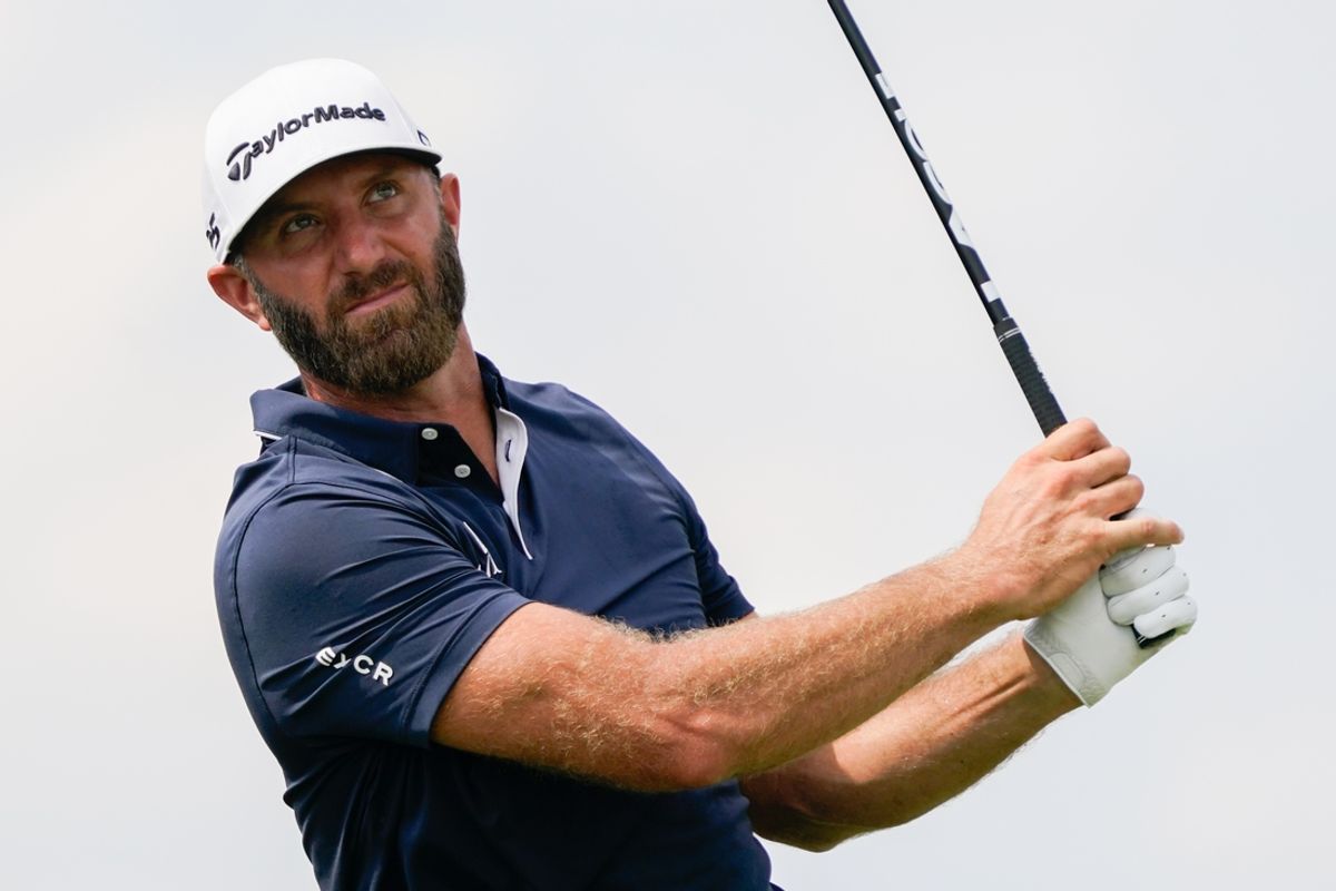 Sep 21, 2024; Carrolton, Texas, USA; Dustin Johnson of the 4Aces GC watches his shot from the 16th tee during the LIV Golf Dallas Team Championship Semifinals at Maridoe Golf Club. Mandatory Credit: Raymond Carlin III-Imagn Images