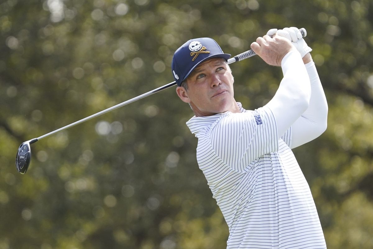 Sep 21, 2024; Carrolton, Texas, USA; Paul Casey of the Crushers GC plays his shot from the tenth tee during the LIV Golf Dallas Team Championship Semifinals at Maridoe Golf Club. Mandatory Credit: Raymond Carlin III-Imagn Images