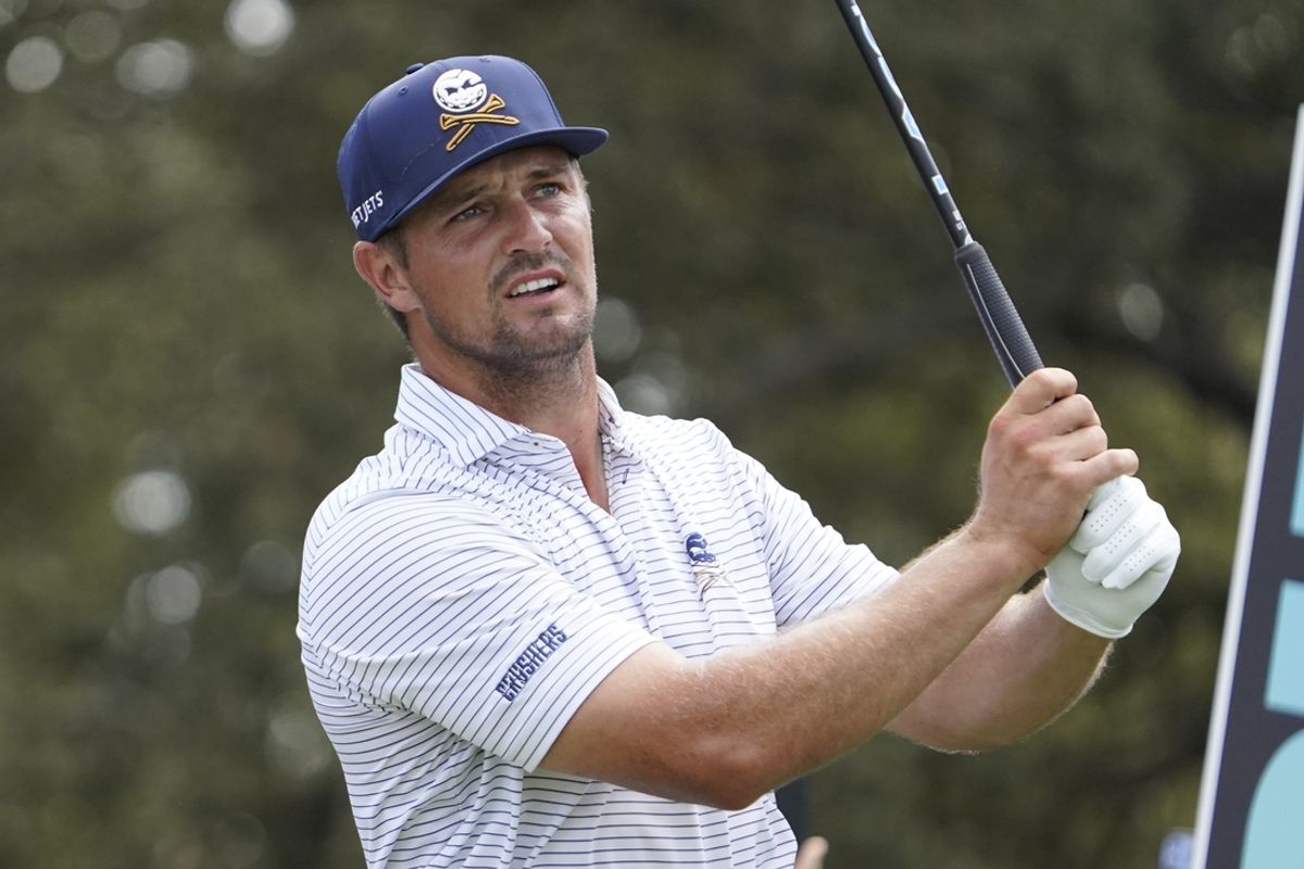 Sep 21, 2024; Carrolton, Texas, USA; Bryson DeChambeau of the Crushers GC watches his shot from the tenth tee during the LIV Golf Dallas Team Championship Semifinals at Maridoe Golf Club. Mandatory Credit: Raymond Carlin III-Imagn Images