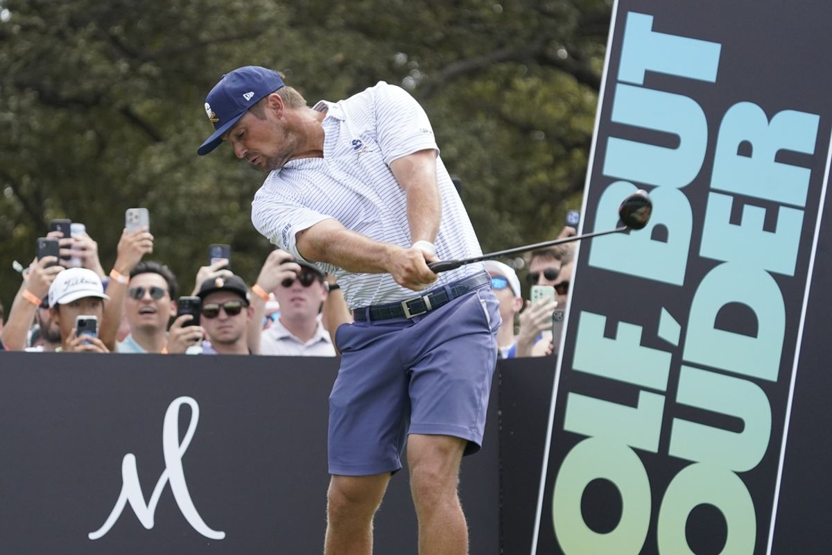 Sep 21, 2024; Carrolton, Texas, USA; Bryson DeChambeau of the Crushers GC plays his shot from the tenth tee during the LIV Golf Dallas Team Championship Semifinals at Maridoe Golf Club. Mandatory Credit: Raymond Carlin III-Imagn Images