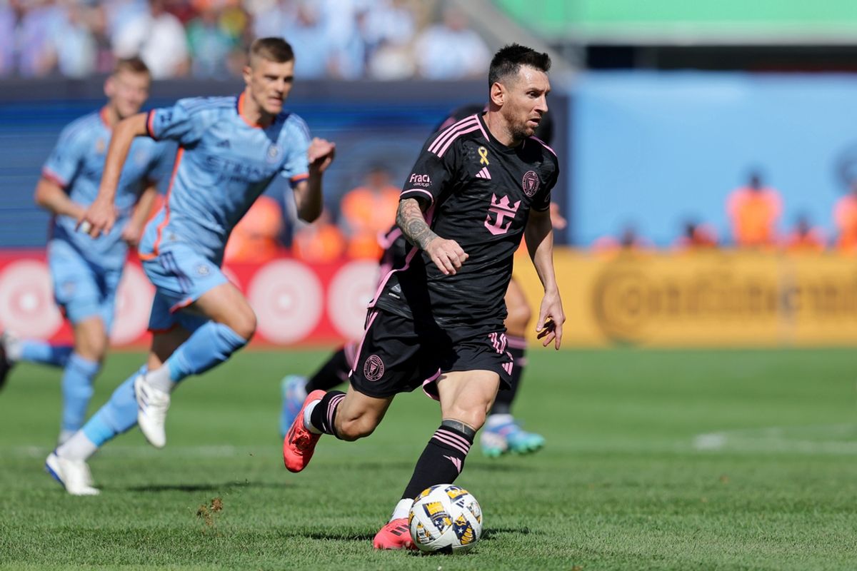 Sep 21, 2024; New York, New York, USA; Inter Miami CF forward Lionel Messi (10) dribbles the ball against New York City FC during the first half at Yankee Stadium. Mandatory Credit: Brad Penner-Imagn Images