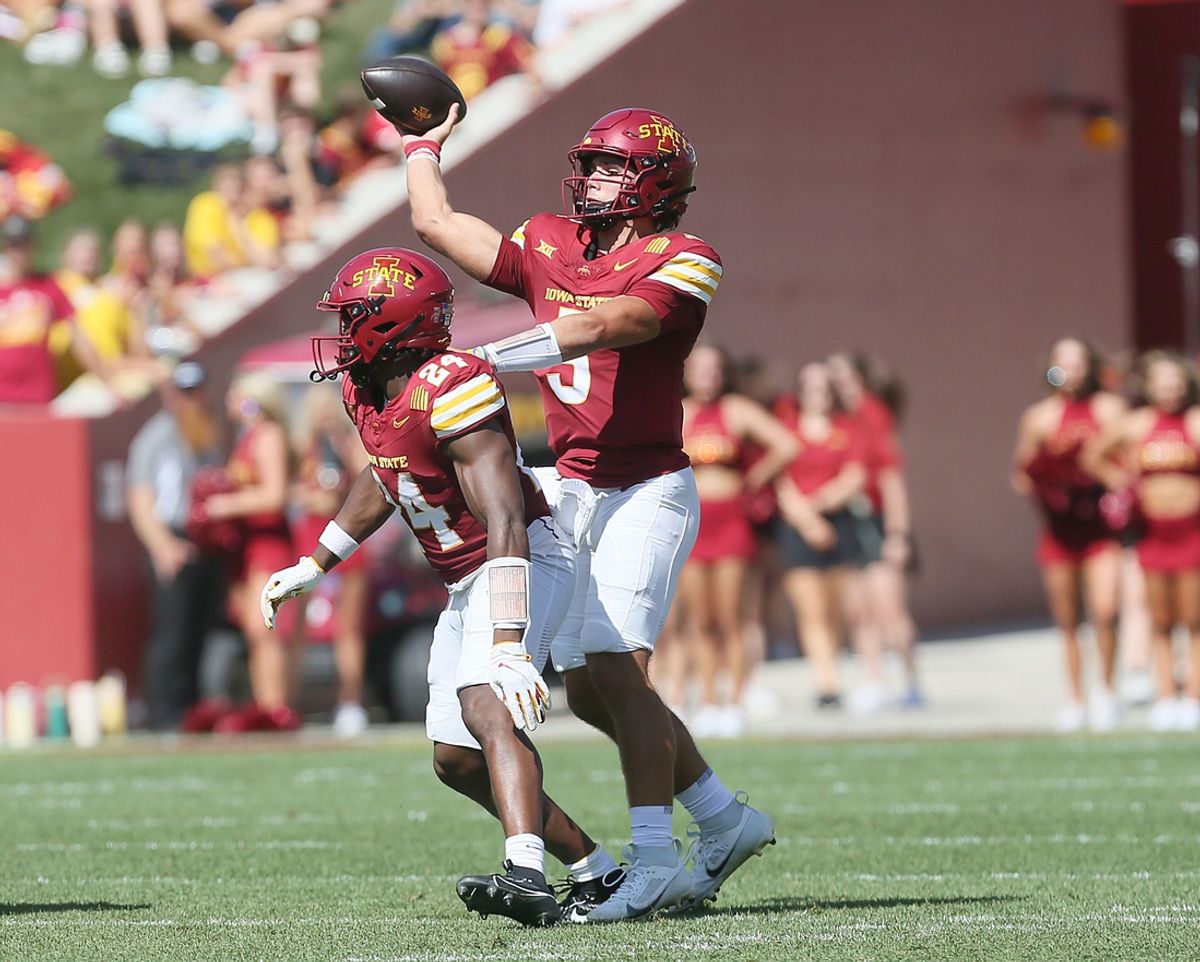 Iowa State Cyclones quarterback Rocco Becht (3) passes the ball against Arkansas State during the first quarter in the week-4 NCAA football at Jack Trice Stadium on Saturday, Sept. 21, 2024, in Ames, Iowa.