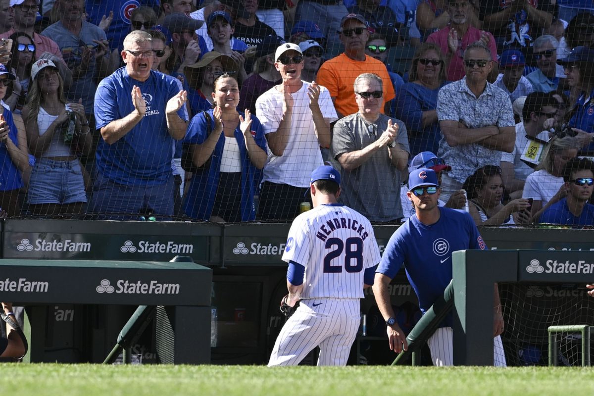Sep 21, 2024; Chicago, Illinois, USA;  Chicago Cubs pitcher Kyle Hendricks (28) leaves the field after being relieved against the Washington Nationals during the sixth inning at Wrigley Field. Mandatory Credit: Matt Marton-Imagn Images
