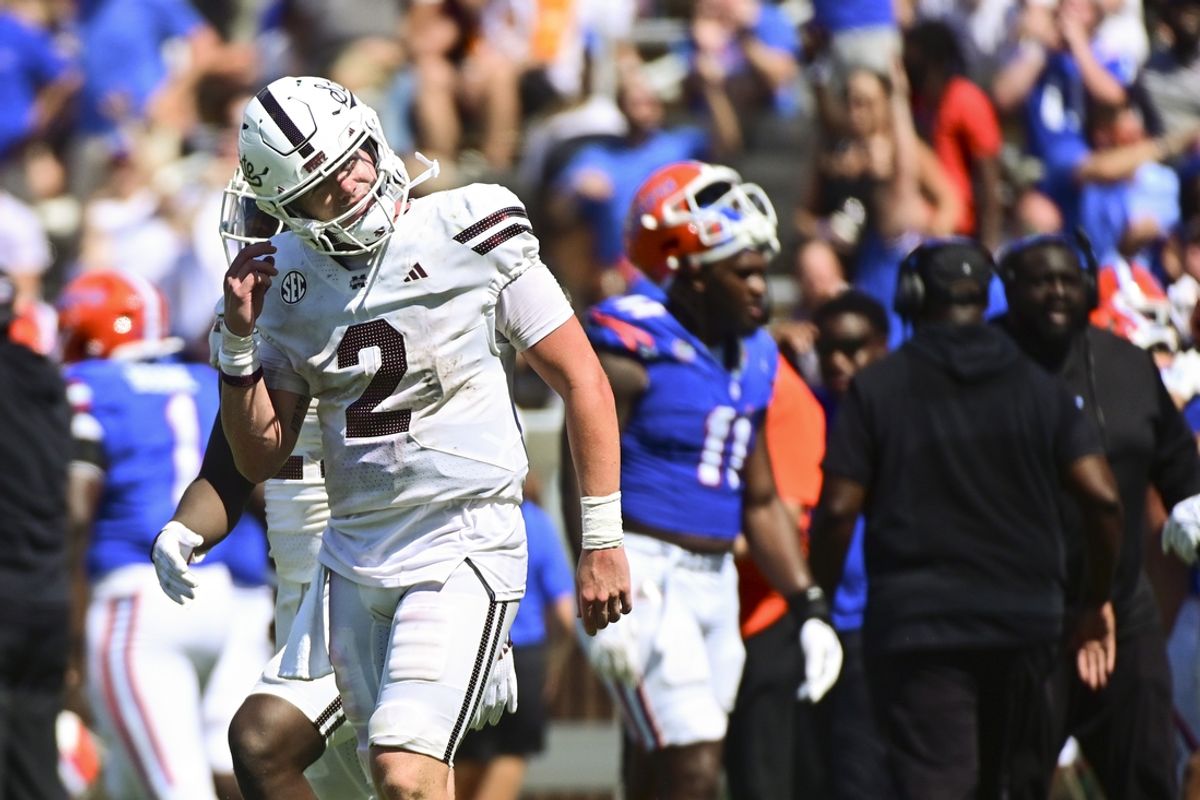Sep 21, 2024; Starkville, Mississippi, USA; Mississippi State Bulldogs quarterback Blake Shapen (2) walks off the field after a play against the Florida Gators during the fourth quarter at Davis Wade Stadium at Scott Field. Mandatory Credit: Matt Bush-Imagn Images