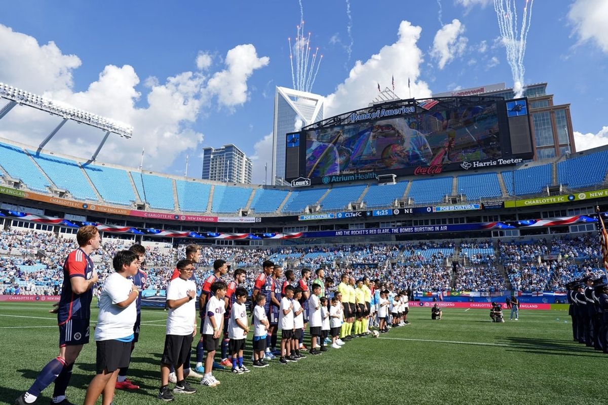 Sep 21, 2024; Charlotte, North Carolina, USA; A general view during the national anthem before the game between the New England Revolution and Charlotte FC at Bank of America Stadium. Mandatory Credit: Jim Dedmon-Imagn Images