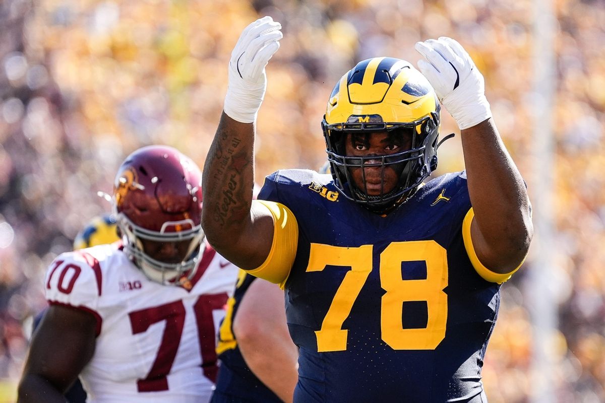 Michigan defensive lineman Kenneth Grant (78) celebrates a tackle against USC during the first half at Michigan Stadium in Ann Arbor on Saturday, Sept. 21, 2024.