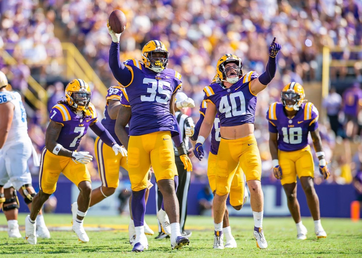 Tigers Saivion Jones 35 and Whit Weeks 40 celebrate after a fumble recovery as the LSU Tigers take on UCLA at Tiger Stadium in Baton Rouge, LA. Saturday, Sept. 21, 2024.