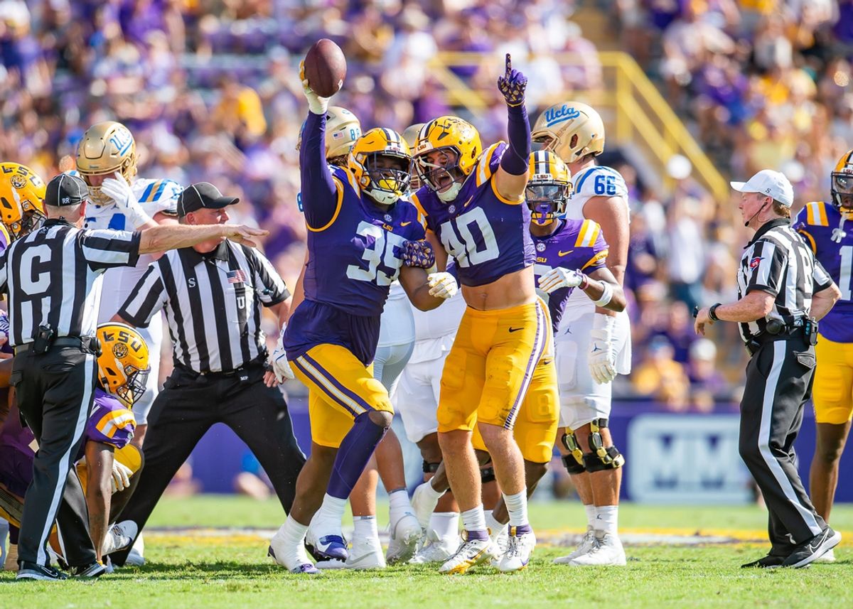 Tigers Saivion Jones 35 and Whit Weeks 40 celebrate after a fumble recovery as the LSU Tigers take on UCLA at Tiger Stadium in Baton Rouge, LA. Saturday, Sept. 21, 2024.