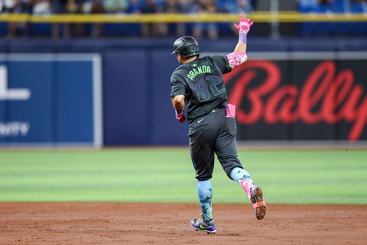 Sep 21, 2024; St. Petersburg, Florida, USA; Tampa Bay Rays first baseman Jonathan Aranda (62) runs the bases after hitting a two run home run against the Toronto Blue Jays in the third inning at Tropicana Field. Mandatory Credit: Nathan Ray Seebeck-Imagn Images