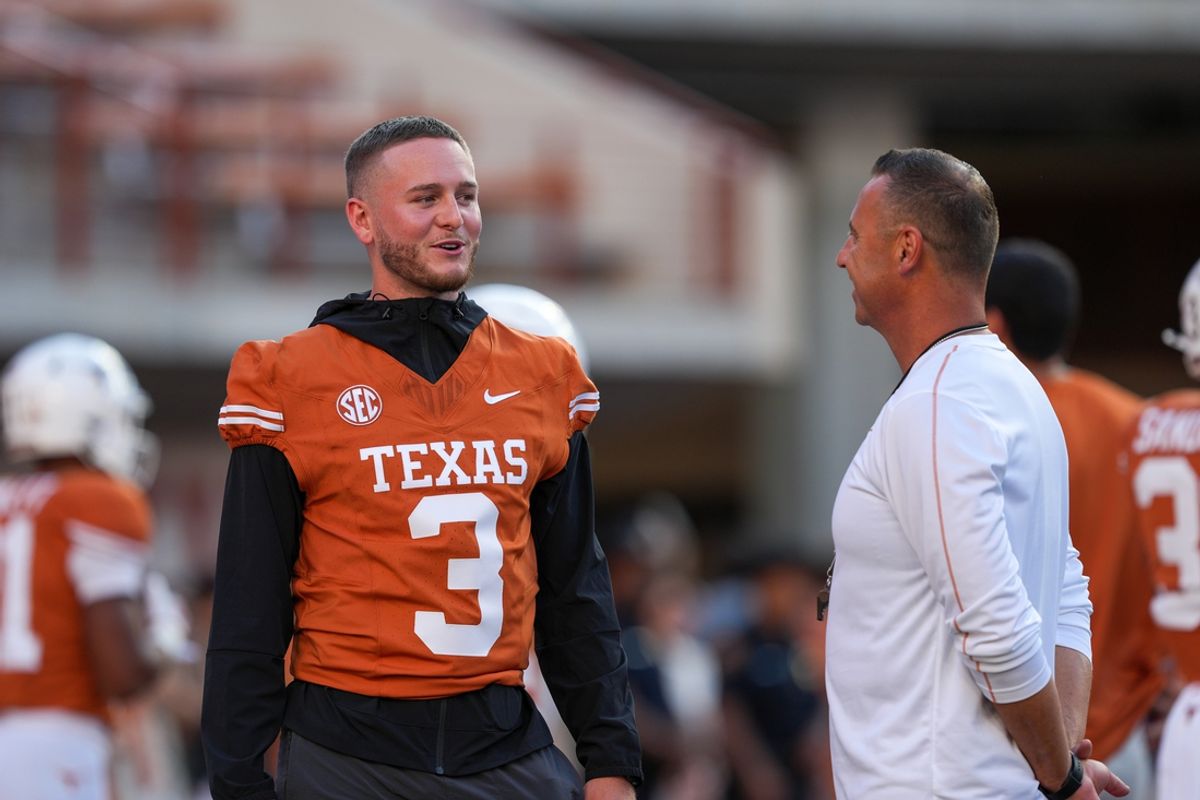 Sep 21, 2024; Austin, Texas, USA;  Texas Longhorns quarterback Quinn Ewers (3) talks with head coach Steve Sarkisian before the game against Louisiana Monroe Warhawks at Darrell K Royal-Texas Memorial Stadium. Mandatory Credit: Daniel Dunn-Imagn Images