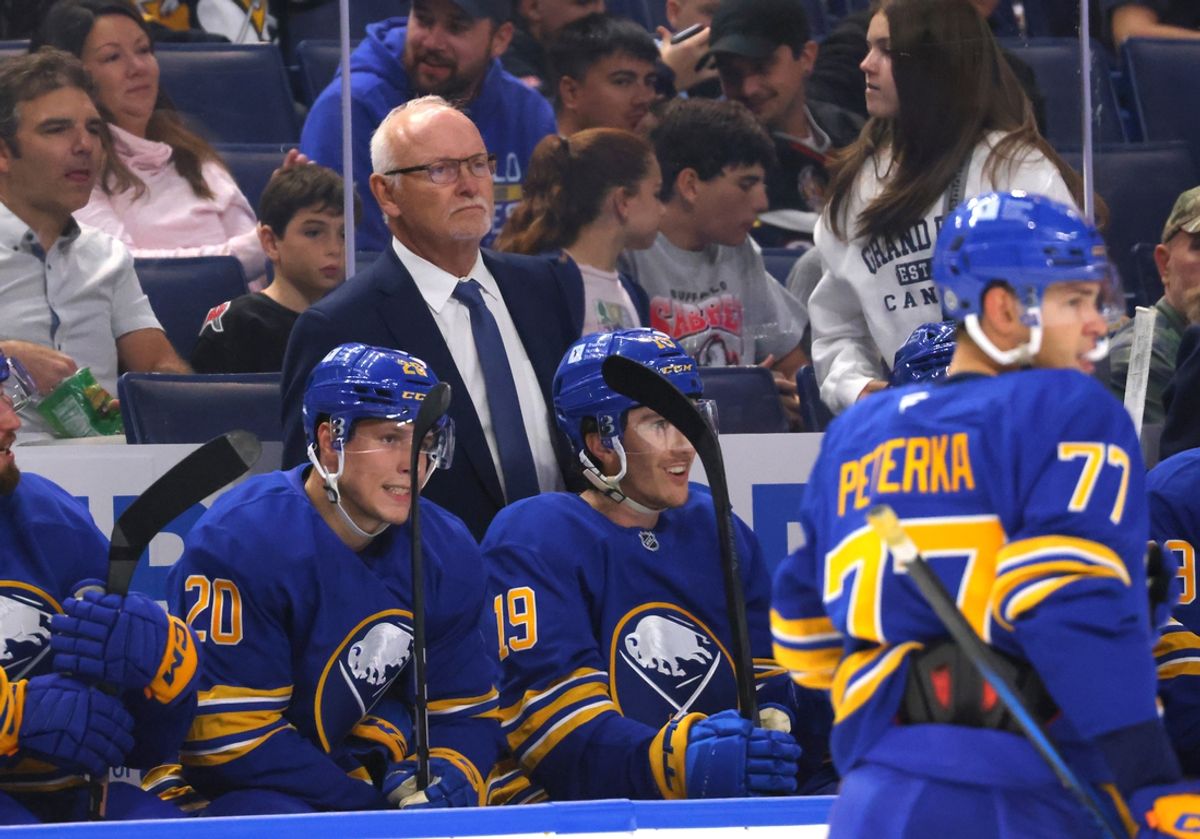 Sep 21, 2024; Buffalo, New York, USA;  Buffalo Sabres head coach Lindy Ruff watches his team from the bench during the first period against the Pittsburgh Penguins at KeyBank Center. Mandatory Credit: Timothy T. Ludwig-Imagn Images