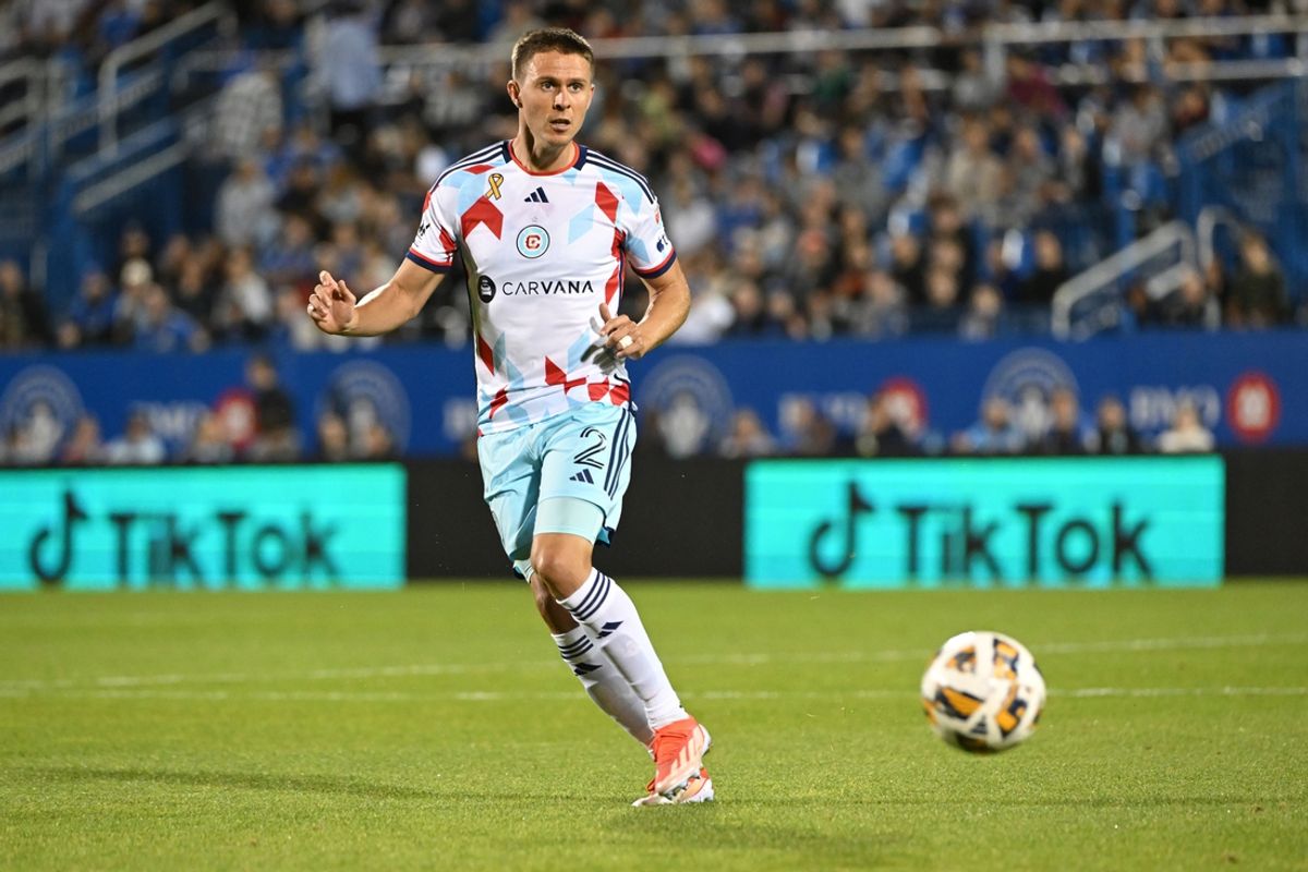 Sep 21, 2024; Montreal, Quebec, CAN; Chicago Fire FC defender Arnaud Souquet (2) controls the ball against CF Montreal during the first half at Stade Saputo. Mandatory Credit: David Kirouac-Imagn Images