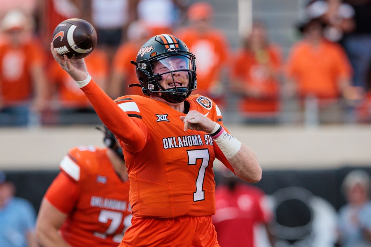 Sep 21, 2024; Stillwater, Oklahoma, USA; Oklahoma State Cowboys quarterback Alan Bowman (7) passes during the fourth quarter against the Utah Utes at Boone Pickens Stadium. Mandatory Credit: William Purnell-Imagn Images