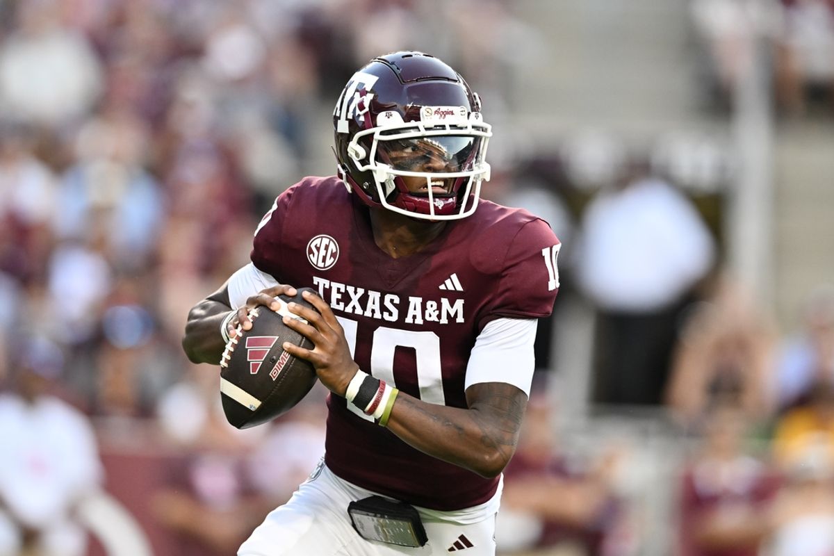 Sep 21, 2024; College Station, Texas, USA; Texas A&M Aggies quarterback Marcel Reed (10) looks to pass the ball during the first quarter against the Bowling Green Falcons at Kyle Field. Mandatory Credit: Maria Lysaker-Imagn Images.