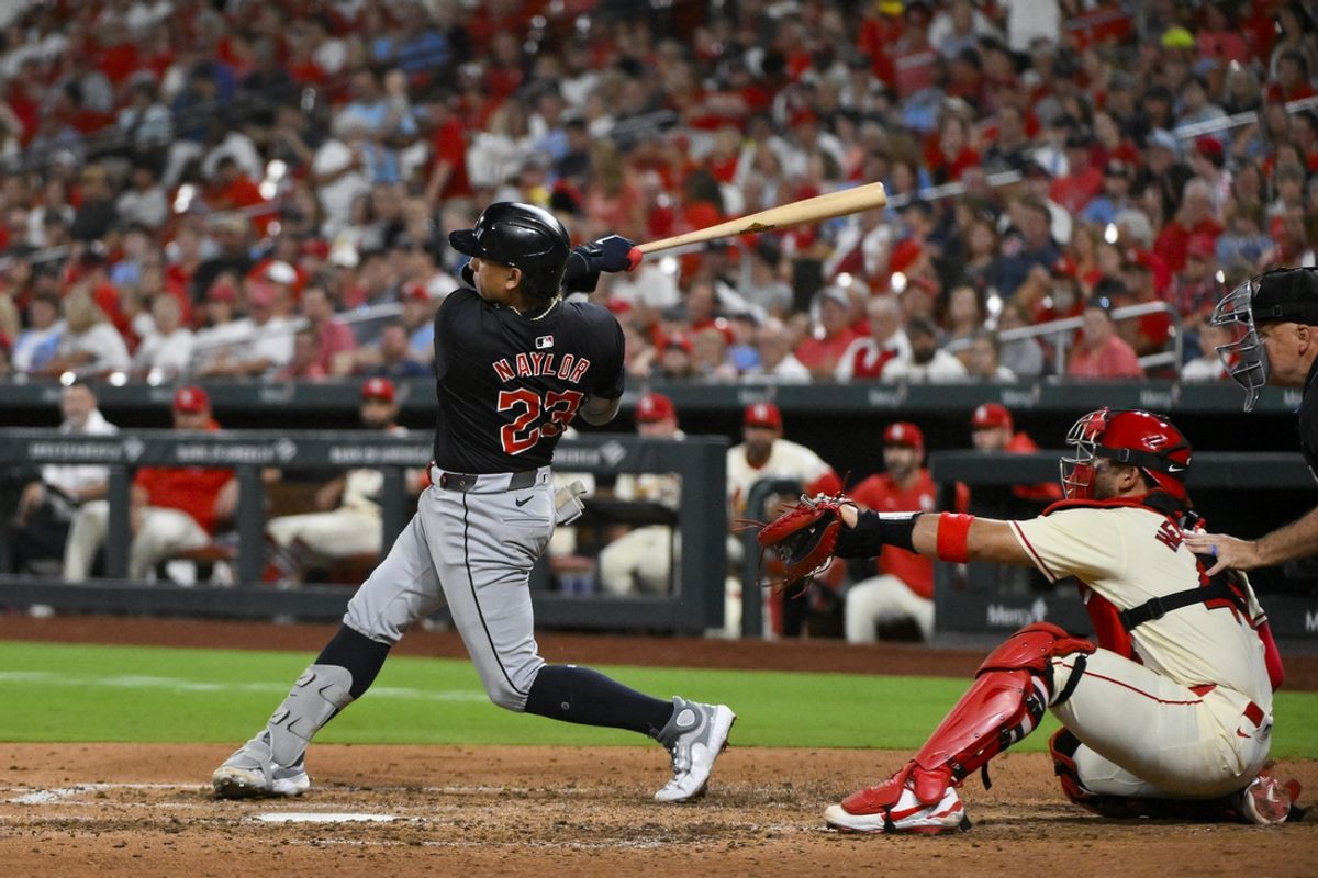 Sep 21, 2024; St. Louis, Missouri, USA;  Cleveland Guardians catcher Bo Naylor (23) hits a solo home run against the St. Louis Cardinals during the fifth inning at Busch Stadium. Mandatory Credit: Jeff Curry-Imagn Images