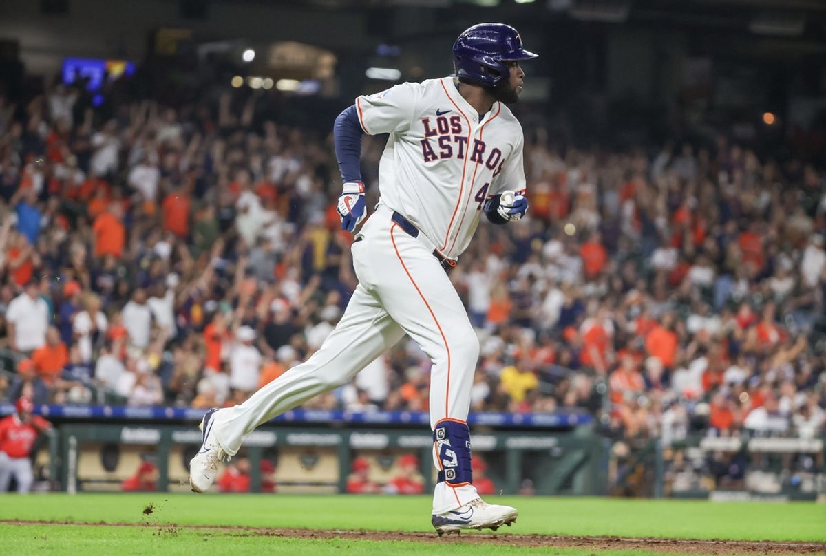 Sep 21, 2024; Houston, Texas, USA; Houston Astros designated hitter Yordan Alvarez (44) rounds the bases after hitting a home run against the Los Angeles Angels in the seventh inning at Minute Maid Park. Mandatory Credit: Thomas Shea-Imagn Images