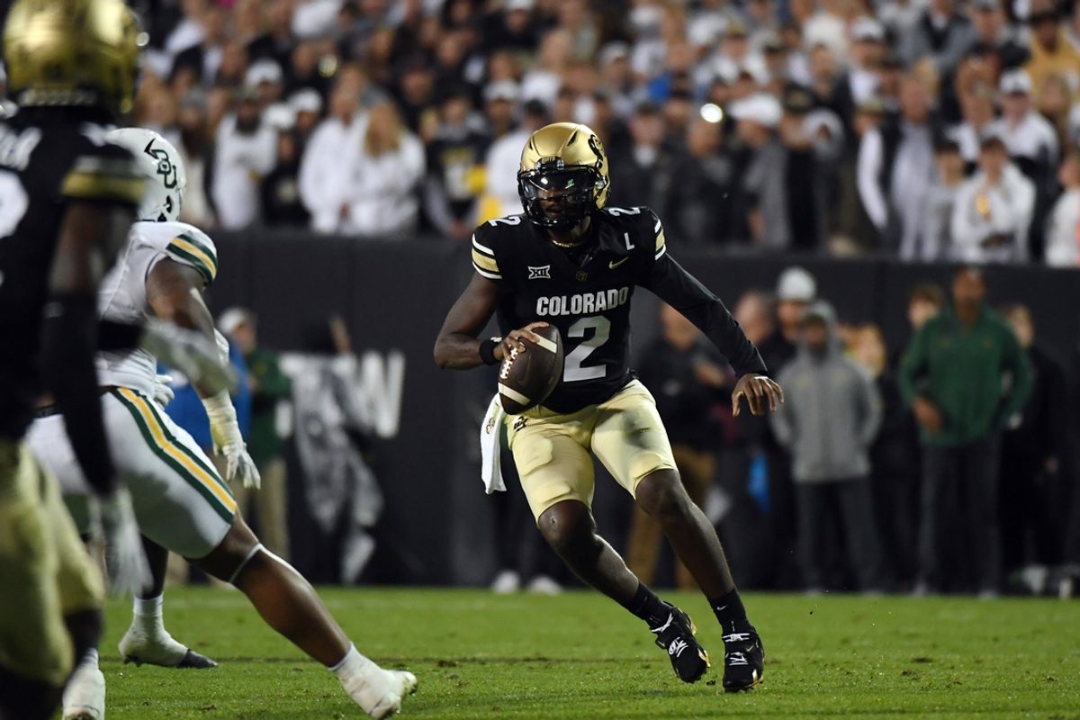 Sep 21, 2024; Boulder, Colorado, USA; Colorado Buffaloes quarterback Shedeur Sanders (2) scrambles in the pocket during the first half against the Baylor Bears at Folsom Field. Mandatory Credit: Christopher Hanewinckel-Imagn Images