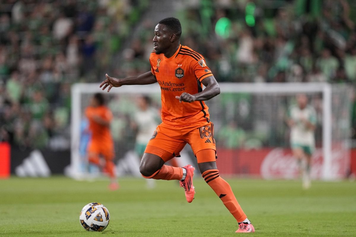 Sep 21, 2024; Austin, Texas, USA; Houston Dynamo FC forward Ibrahim Aliyu (18) controls the ball in the second half against Austin FC at Q2 Stadium. Mandatory Credit: Scott Wachter-Imagn Images