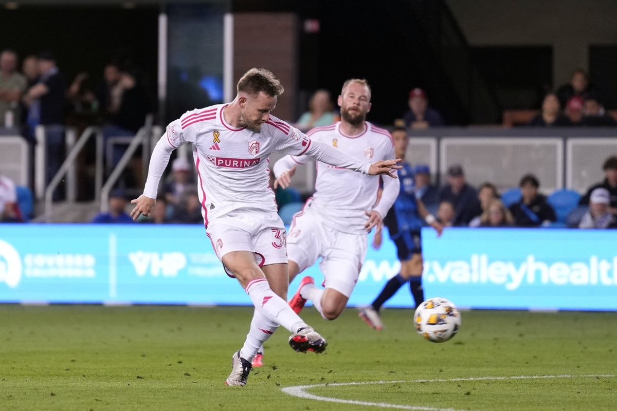 Sep 21, 2024; San Jose, California, USA; St. Louis CITY SC midfielder Cedric Teuchert (36) controls the ball against the San Jose Earthquakes in the first half at PayPal Park. Mandatory Credit: Darren Yamashita-Imagn Images