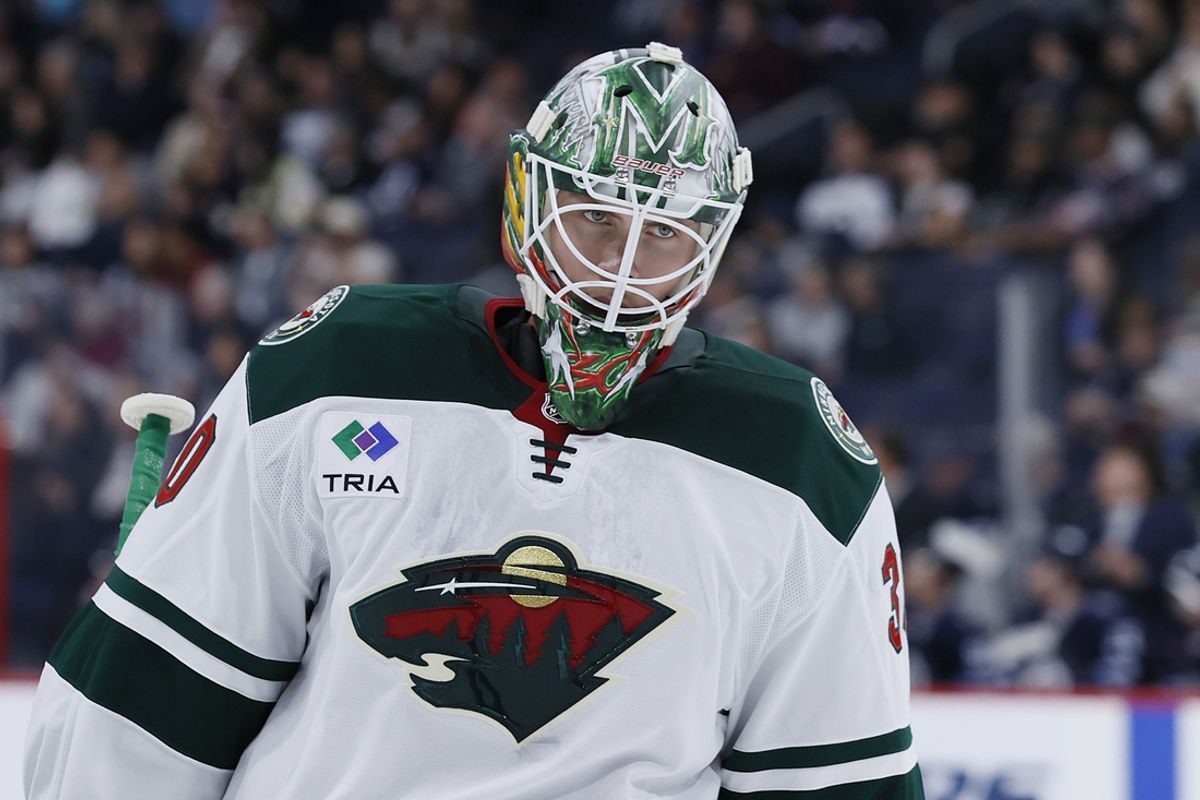 Sep 21, 2024; Winnipeg, Manitoba, CAN; Minnesota Wild goaltender Jesper Wallstedt (30) during a break in the play in the second period against the Winnipeg Jets at Canada Life Centre. Mandatory Credit: James Carey Lauder-Imagn Images