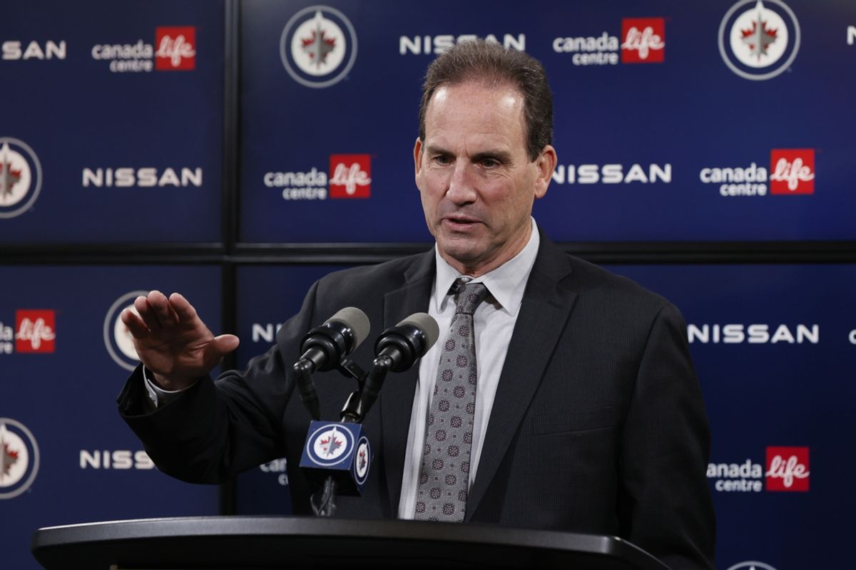 Sep 21, 2024; Winnipeg, Manitoba, CAN; Winnipeg Jets head coach Scott Arniel talks to the media after their game against the Minnesota Wild at Canada Life Centre. Mandatory Credit: James Carey Lauder-Imagn Images
