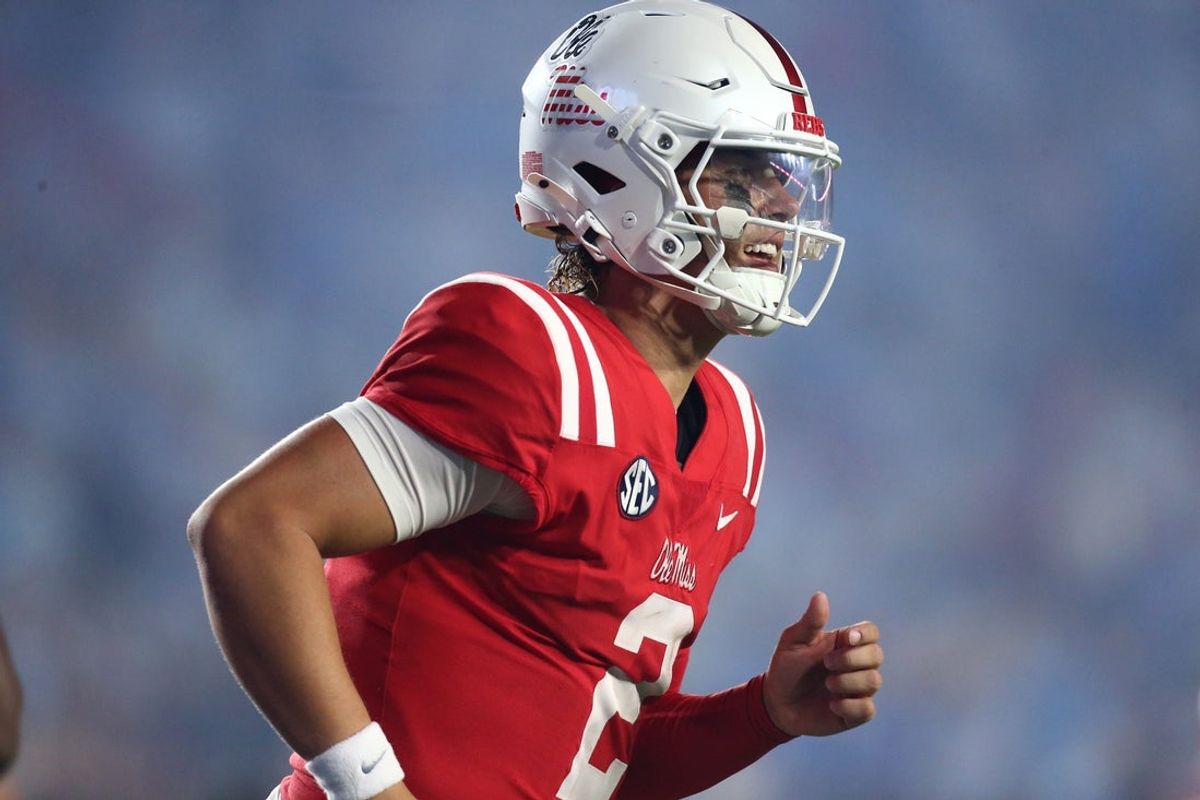 Sep 21, 2024; Oxford, Mississippi, USA; Mississippi Rebels quarterback Jaxson Dart (2) reacts after a touchdown during the second half against the Georgia Southern Eagles at Vaught-Hemingway Stadium. Mandatory Credit: Petre Thomas-Imagn Images