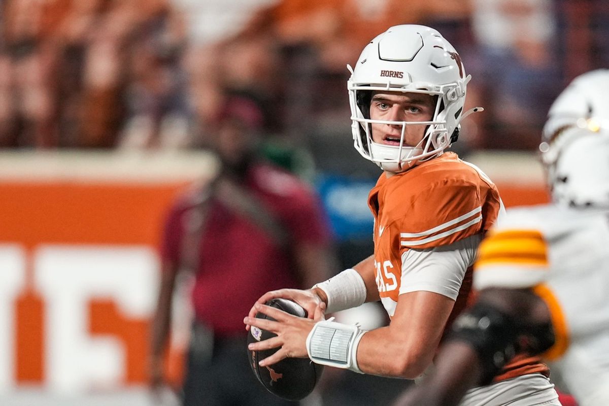Texas Longhorns quarterback Arch Manning (16) looks to pass the ball as the Texas Longhorns take on ULM at Darrell K Royal-Texas Memorial Stadium in Austin Saturday, Sept. 21, 2024.