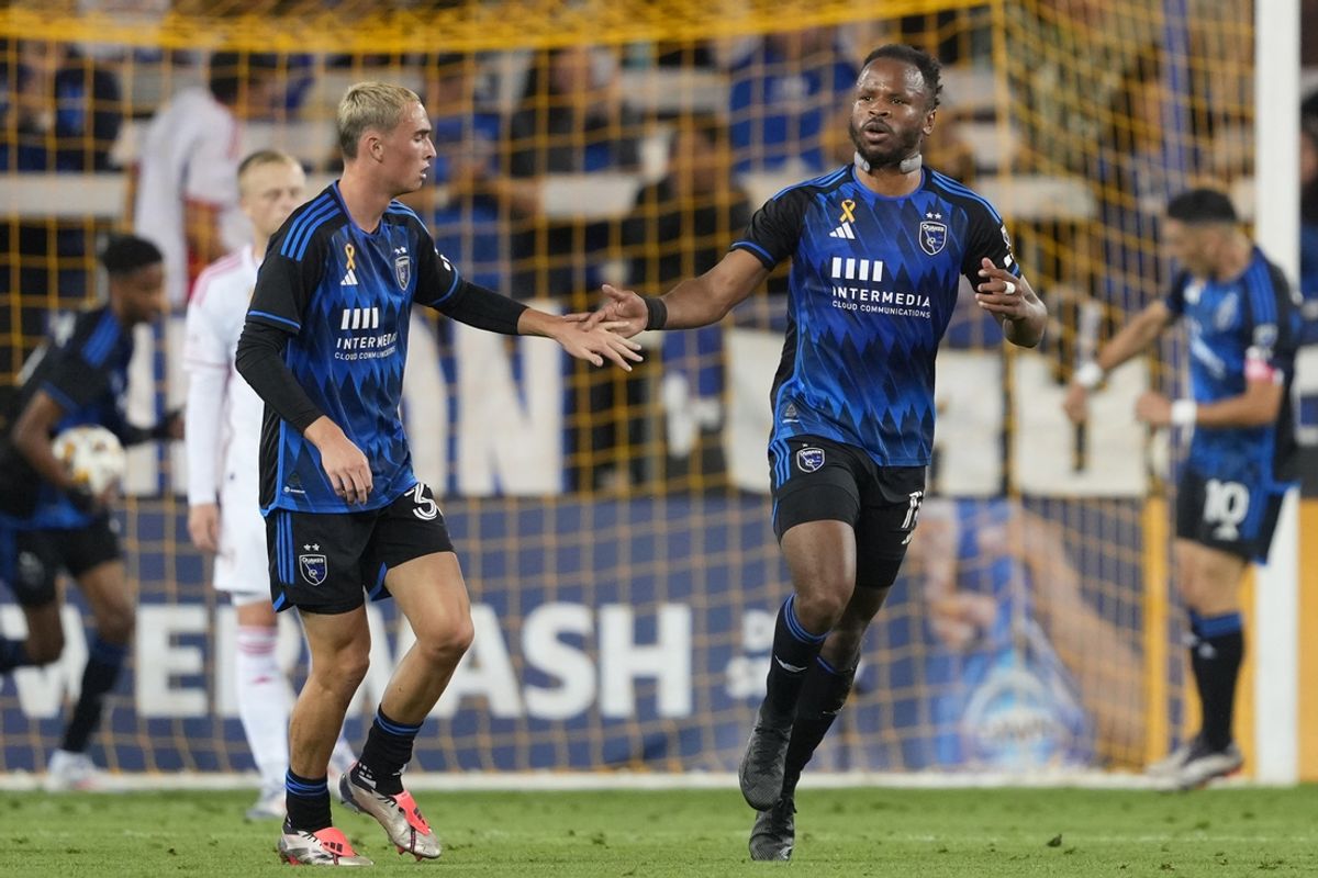 Sep 21, 2024; San Jose, California, USA; San Jose Earthquakes forward Jeremy Ebobisse (11) celebrates with  defender Oscar Verhoeven (33) after scoring a goal against St. Louis CITY SC in the first half at PayPal Park. Mandatory Credit: Darren Yamashita-Imagn Images