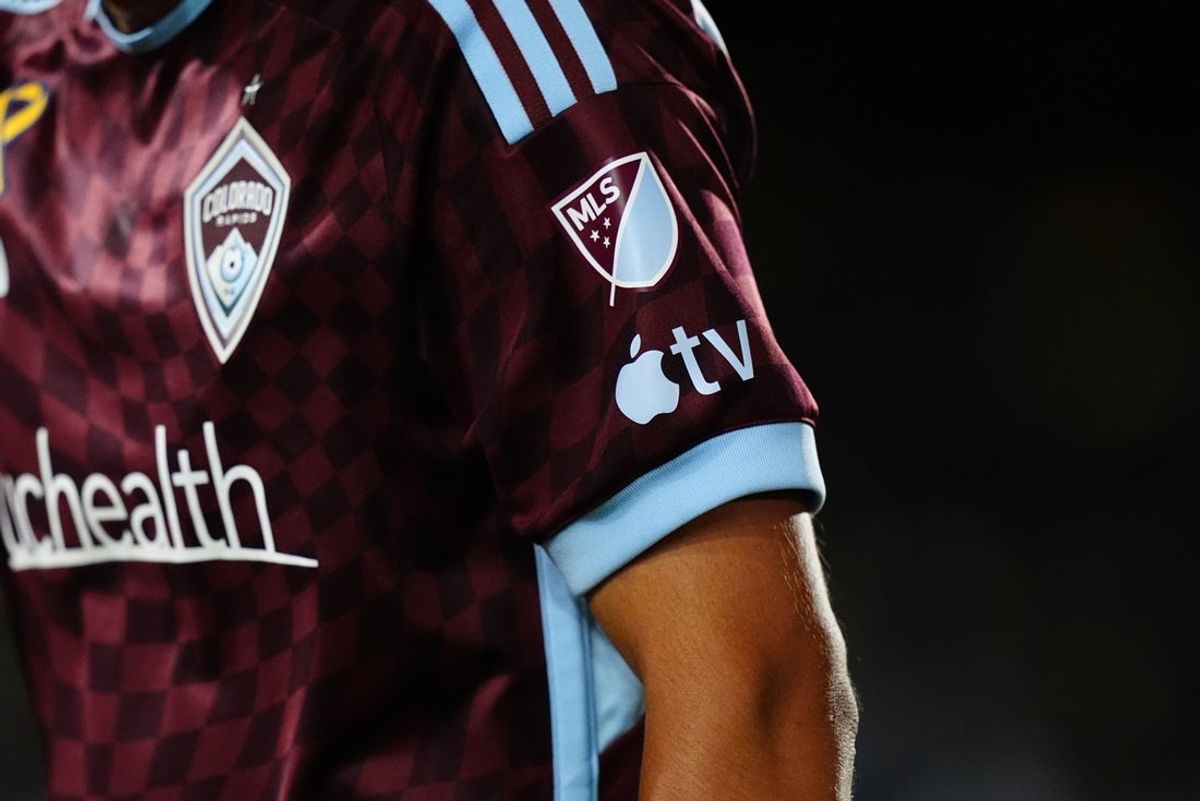Sep 21, 2024; Commerce City, Colorado, USA; Detailed view of an Apple TV logo on the jersey of Colorado Rapids defender Sebastian Anderson (22) in the second half against the Toronto FC at Dick's Sporting Goods Park. Mandatory Credit: Ron Chenoy-Imagn Images