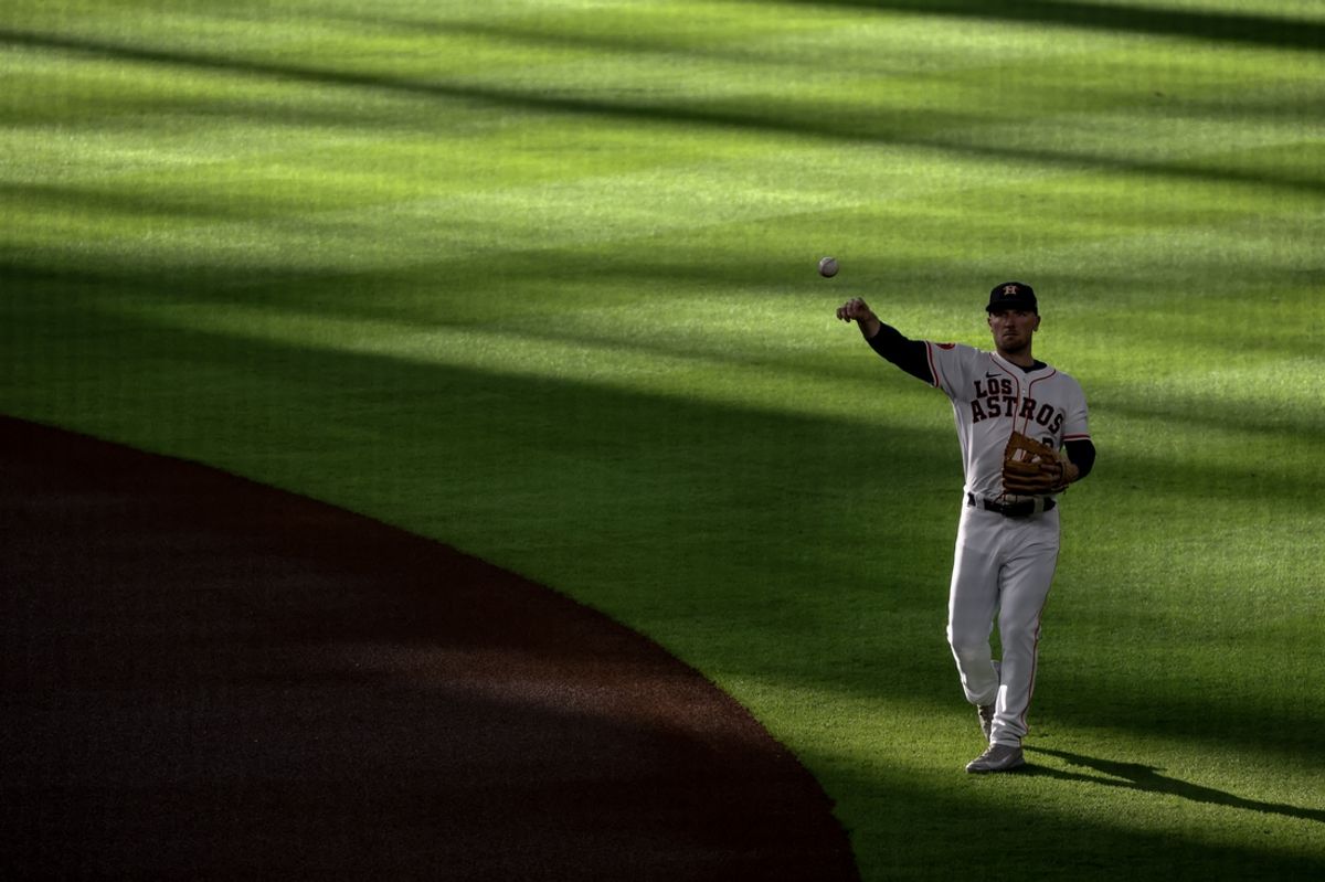 Sep 21, 2024; Houston, Texas, USA; Houston Astros third baseman Alex Bregman (2) warms up before playing against the Los Angeles Angels at Minute Maid Park. Mandatory Credit: Thomas Shea-Imagn Images