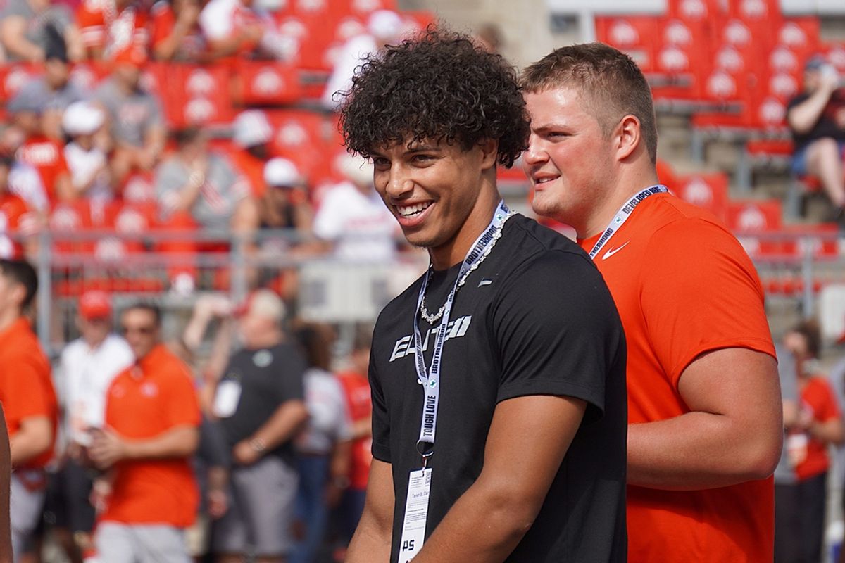 Sept. 21, 2024; Columbus, Ohio, USA; Bellefontaine quarterback Tavien St. Clair watches warm-ups before Ohio State's game against the Marshall University Thundering Herd at Ohio Stadium.