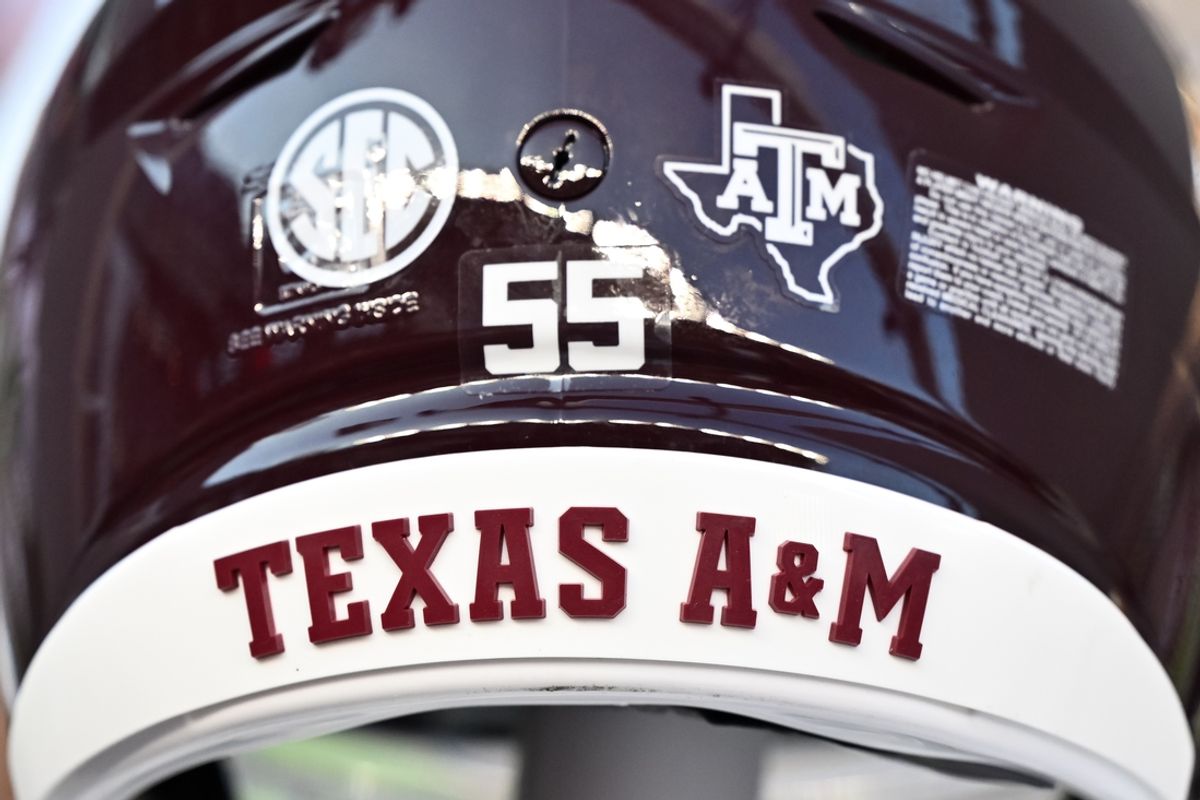 Sep 21, 2024; College Station, Texas, USA; A detail view of a Texas A&M Aggies helmet on the sideline during the game against the Bowling Green Falcons at Kyle Field. Mandatory Credit: Maria Lysaker-Imagn Images.