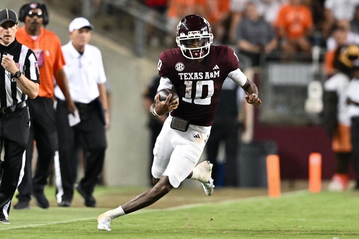 Sep 21, 2024; College Station, Texas, USA; Texas A&M Aggies quarterback Marcel Reed (10) runs the ball during the second half against the Bowling Green Falcons at Kyle Field. Mandatory Credit: Maria Lysaker-Imagn Images.