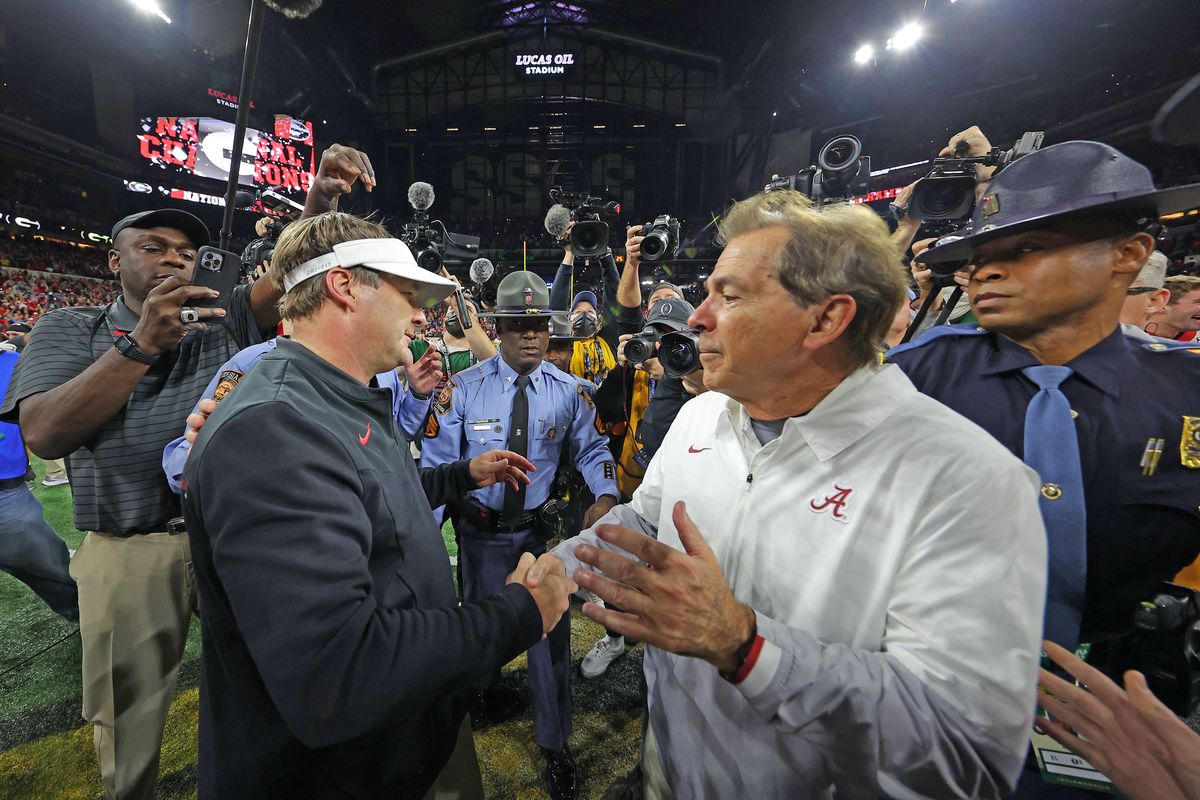 Georgia coach Kirby Smart (l.) and Alabama coach Nick Saban after Monday night’s national championship game, won by Georgia.