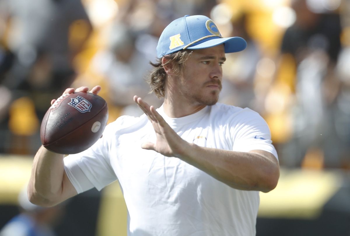 Sep 22, 2024; Pittsburgh, Pennsylvania, USA;  Los Angeles Chargers quarterback Justin Herbert (10) warms up against the Pittsburgh Steelers at Acrisure Stadium. Mandatory Credit: Charles LeClaire-Imagn Images