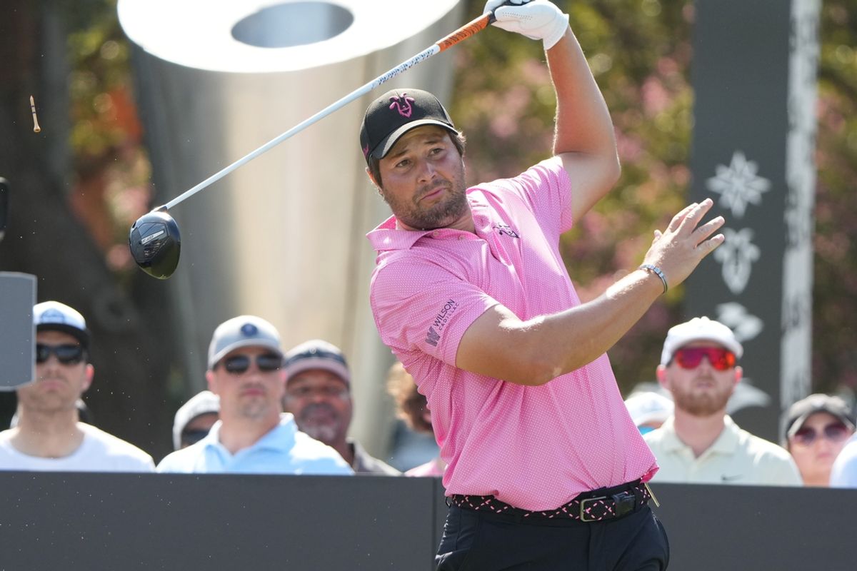 Sep 22, 2024; Carrolton, Texas, USA; Peter Uihlein plays his shot from the tenth tee during the LIV Golf Dallas Team Championship Finals at Maridoe Golf Club. Mandatory Credit: Jim Cowsert-Imagn Images