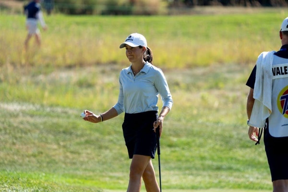 Albane Valenzuela, of Switzerland, reacts to getting a birdie on the fourth green during the Kroger Queen City Classic in Cincinnati on Sunday, Sept. 22, 2024.