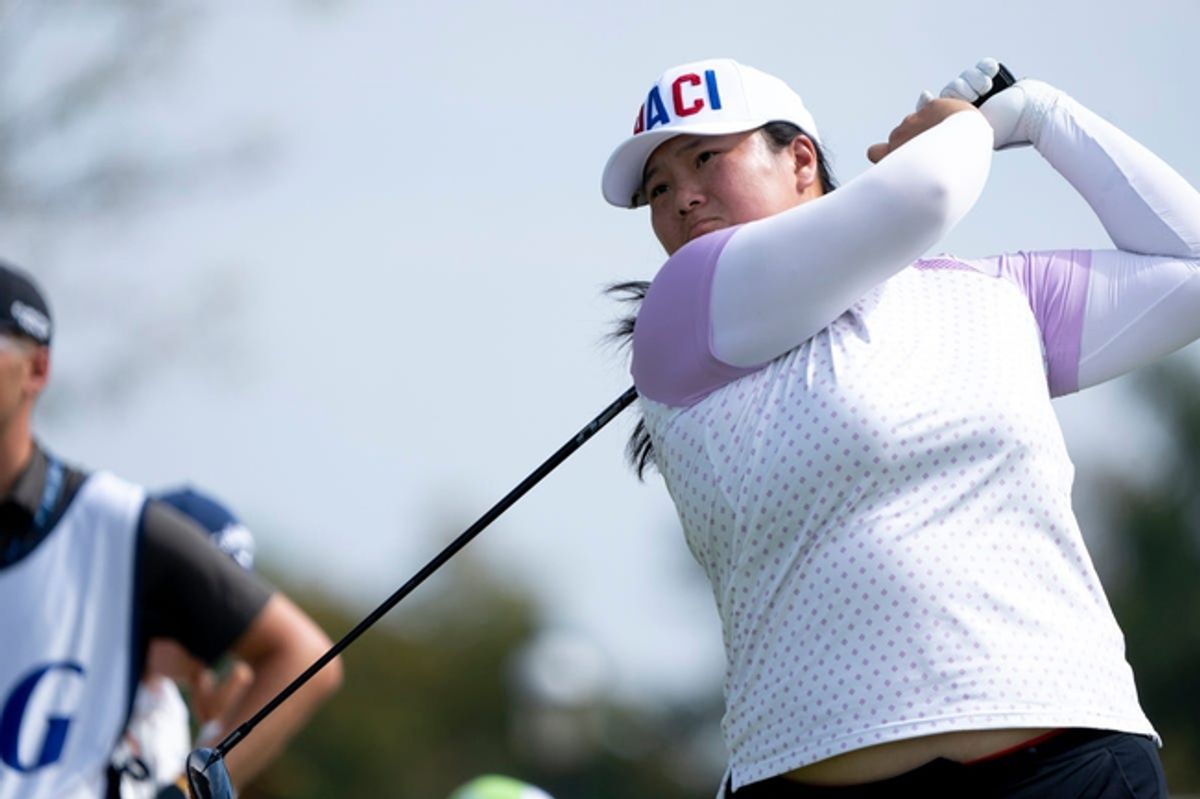 Angel Yin, of California, tees off on tenth hole during the Kroger Queen City Classic in Cincinnati on Sunday, Sept. 22, 2024.