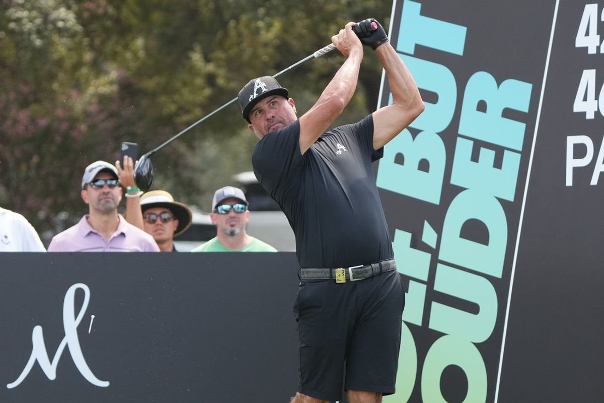Sep 22, 2024; Carrolton, Texas, USA; Pat Perez of the 4Aces GC plays his shot from the tenth tee during the LIV Golf Dallas Team Championship Finals at Maridoe Golf Club. Mandatory Credit: Jim Cowsert-Imagn Images
