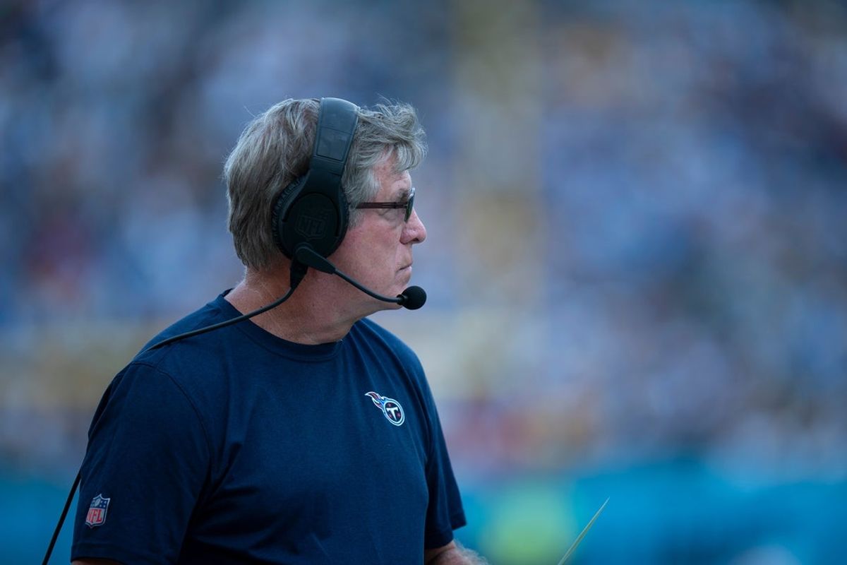 Tennessee Titans Offensive Line Coach Bill Callahan works his sideline during their game against the Green Bay Packers at Nissan Stadium in Nashville, Tenn., Sunday, Sept. 22, 2024.